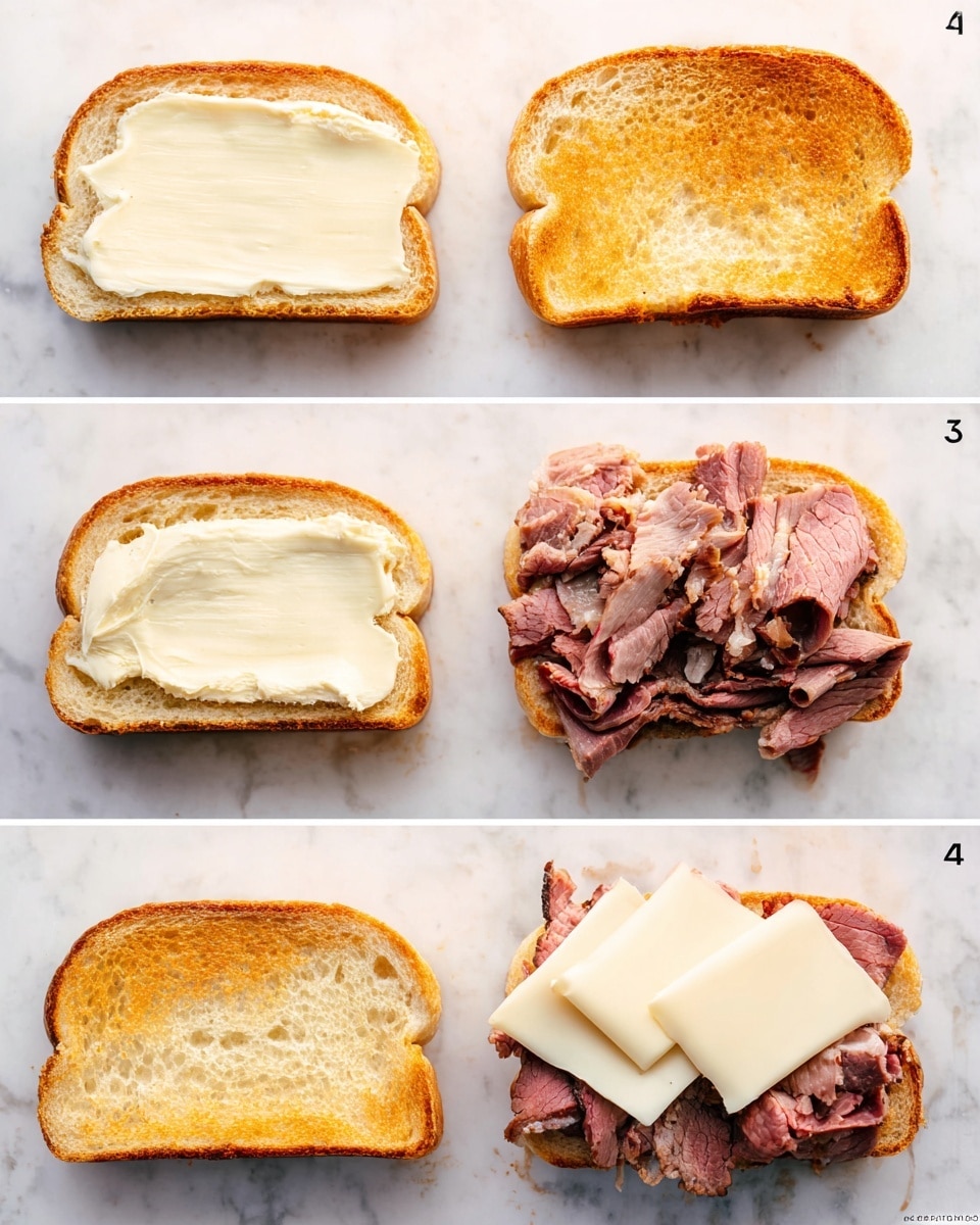 The image shows four steps of making a sandwich on a white marbled surface. The first step has two sandwich bun halves toasted lightly golden on the cut side with a smooth layer of butter spread evenly on each. The second step shows the same buns but more toasted, with a darker golden-brown crisp texture on the surface. In the third step, one bun half has a thick layer of thinly sliced roast beef piled unevenly with visible pink and brown textures. The fourth step adds two folded slices of pale white cheese placed side by side on top of the roast beef, partially covering the meat. Photo taken with an iphone --ar 4:5 --v 7
