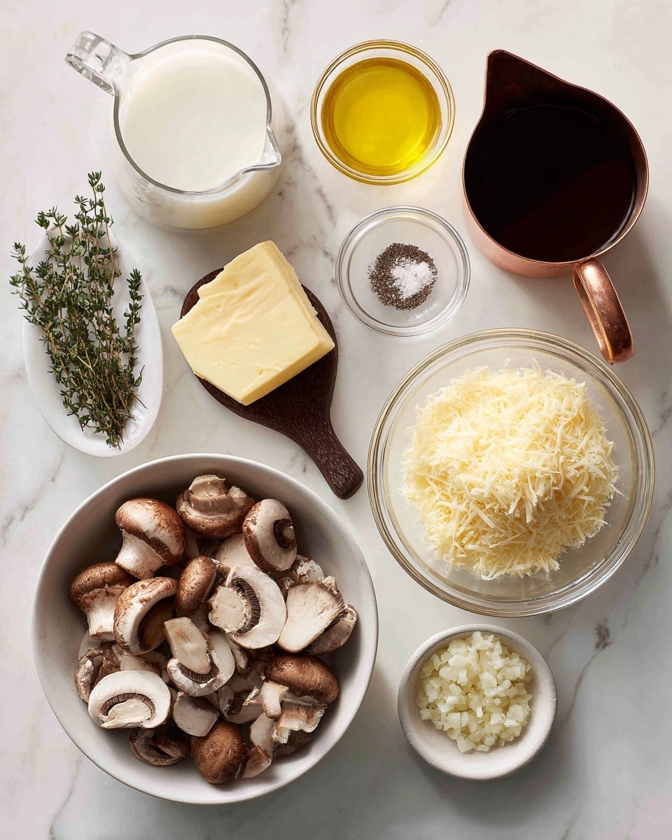 The image shows several white bowls and containers arranged on a white marbled surface. In the center bottom is a white bowl filled with sliced brown mushrooms, showing their smooth, pale interiors and brown skins. To the right is a clear glass bowl filled with grated pale yellow parmesan cheese. Above the mushrooms is a white measuring cup with light brown broth inside, its handle pointing to the right. To the left is a glass pitcher filled with white cream, with its handle on the left side. On the far left is a small white dish holding fresh green thyme sprigs. Above that is a small transparent glass bowl filled with yellow olive oil. In the upper left corner, a woman's hand holds a dark brown wooden spoon with a thick square of pale yellow butter on top. Near the center upper area is a small glass bowl filled with finely chopped garlic, showing a white color. To the upper right, there is a small clear glass bowl with salt and black pepper and next to it a copper-colored small pot filled with red wine. The whole setup is neat and clearly organized, with each ingredient's color and texture visible from above, photo taken with an iphone --ar 4:5 --v 7