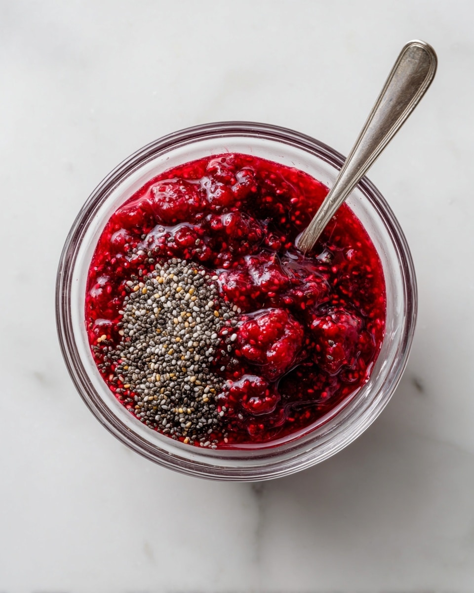 A clear glass bowl holds a mix of crushed bright red raspberries with visible seeds and juice, topped with a layer of small black and white chia seeds scattered unevenly across the surface. A silver fork rests inside the bowl on the right side, slightly stirring the mixture. The bowl sits on a white marbled surface. photo taken with an iphone --ar 4:5 --v 7