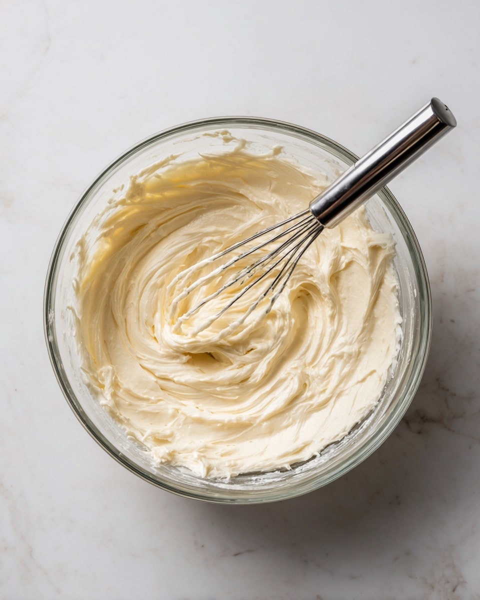 A clear glass bowl sits on a white marbled surface, filled with a thick, creamy, off-white mixture that has a smooth texture with soft peaks and slight swirls. A metal whisk with a shiny handle is placed in the bowl, partially submerged in the mixture, showing the mixing motion with cream clinging to the whisk wires. The lighting highlights the creamy texture and creates gentle shadows inside the bowl, emphasizing the mixture's softness and thickness. photo taken with an iphone --ar 4:5 --v 7