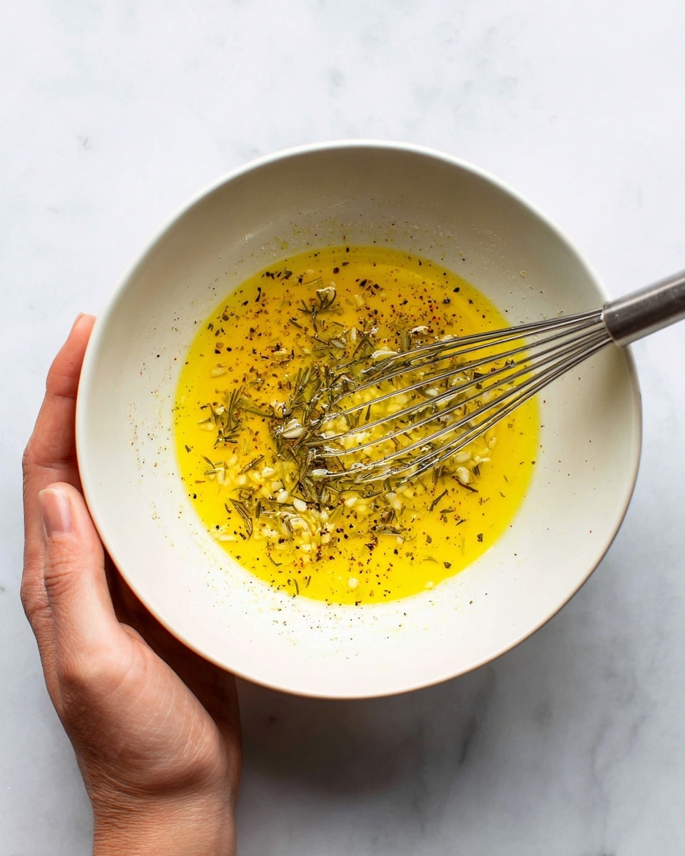 A woman's hand is holding a white bowl with a mixture inside. The mixture has a yellowish oily layer with small bits of chopped onions or garlic floating in it. Darker specks of pepper or spices are spread on the surface, creating a speckled effect. A metal whisk is resting in the bowl, partially submerged in the liquid. The bowl is set against a white marbled background. photo taken with an iphone --ar 4:5 --v 7