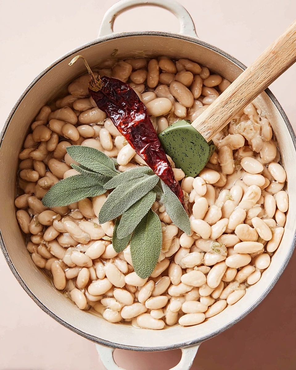 A white pot filled with a single layer of light beige beans that are smooth and shiny. On top, there are some green bay leaves and a few fresh sage leaves with a velvety texture arranged in one small bunch near the center. A dried dark red chili lies on the beans at the upper left side. A wooden spoon with a green silicone head is resting inside the pot on the right side, partly covered by beans. The pot is placed on a pale pink surface. Photo taken with an iphone --ar 4:5 --v 7