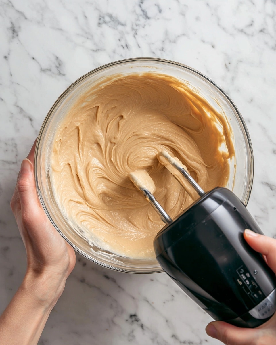 A clear glass bowl holds a light brown, smooth, and fluffy batter being mixed with a black electric hand mixer that has two beaters visible in the batter. A woman's hand grips the bowl on the left side while another woman's hand holds the mixer on the right side. The bowl is placed on a white marbled surface, and the batter has soft peaks and swirls from mixing. The scene captures the motion and texture of the batter as it is whipped. photo taken with an iphone --ar 4:5 --v 7