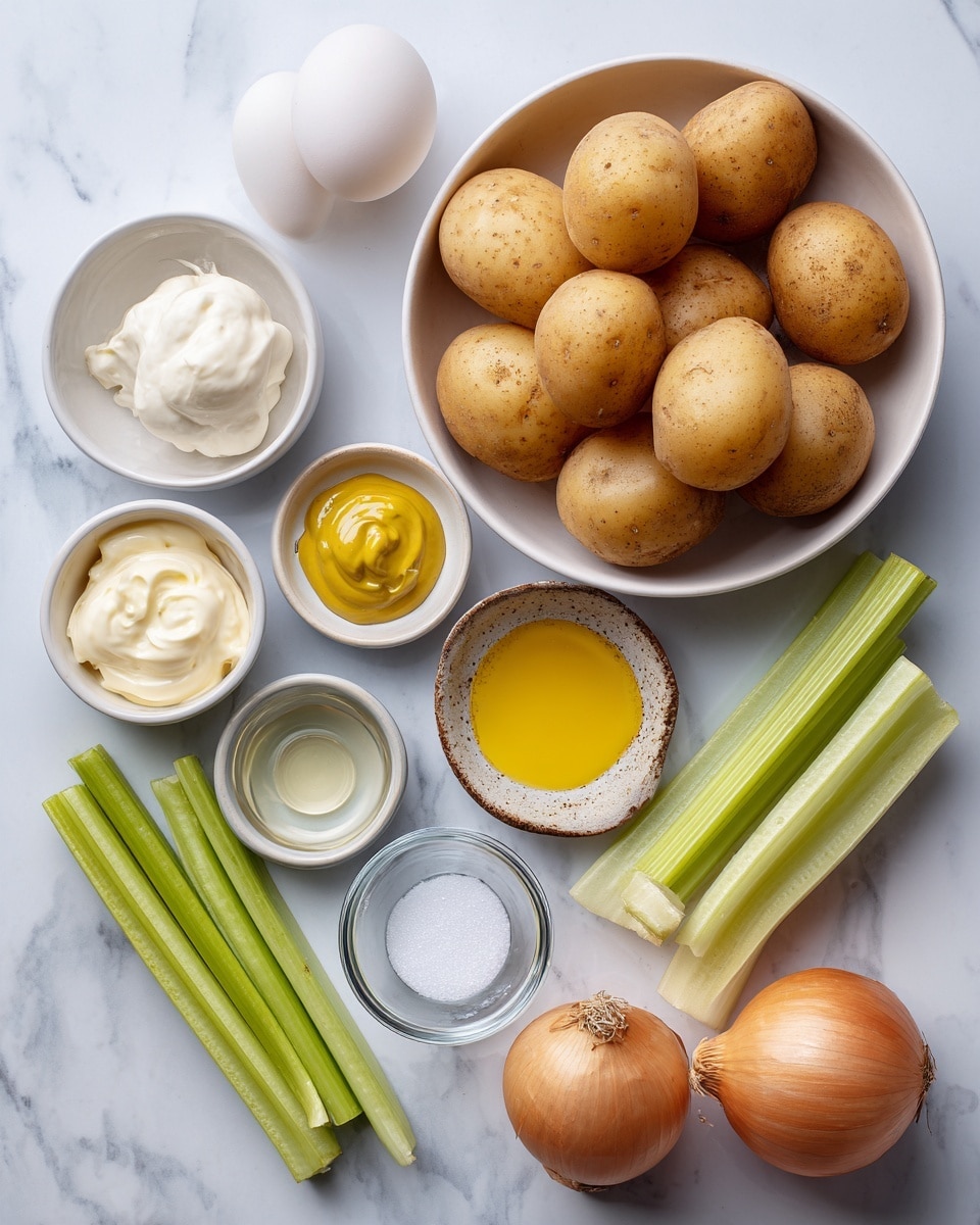 The image shows several ingredients arranged neatly on a white marbled surface. In the middle, there is a white bowl filled with medium-sized light brown potatoes. Above the bowl, two white eggs are placed side by side. To the left of the eggs is a small white bowl with a dollop of white mayo. To the right of the eggs, a small rustic speckled bowl holds a small amount of bright yellow mustard. Below the mustard bowl is an empty white bowl representing vinegar. On the left side of the potatoes, there is a small glass bowl with white salt, and below that, a white bowl with clear oil. On the right side of the potatoes, three pale green celery sticks lie next to a whole medium-sized light brown onion. Below the onion is a small glass bowl with white sugar. Each ingredient is labeled in black text directly above or beside it. Photo taken with an iphone --ar 4:5 --v 7