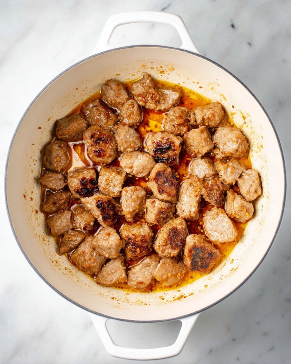 A white pot filled with one layer of small browned meat pieces, each piece uneven in shape with a light golden brown color and some charred spots. The meat sits in a thin layer of oil that has a warm reddish-brown hue, and bits of cooked meat juices are stuck to the sides of the pot. The pot is on a white marbled surface, with smooth handles visible at the top and bottom edges of the image. photo taken with an iphone --ar 4:5 --v 7