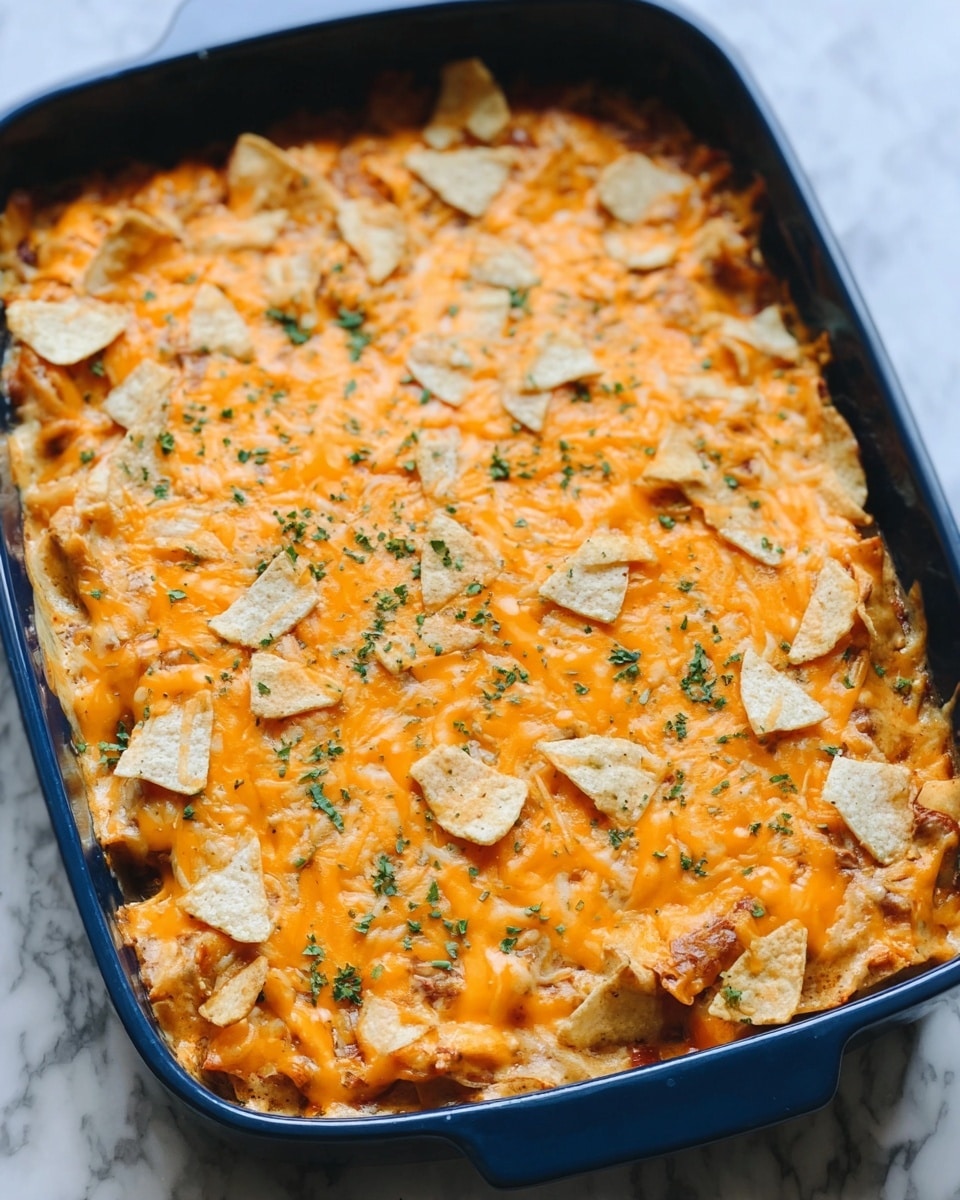 A blue baking dish holds a layered casserole placed on a white marbled surface. The bottom layer appears to be a creamy sauce mixed with chunks of light brown cooked chicken pieces. On top of this, there are irregular white tortilla chip pieces scattered across the dish. The whole casserole is covered with a thick, melted layer of bright orange cheddar cheese that is slightly bubbling and sprinkled lightly with green dried herbs. Photo taken with an iphone --ar 4:5 --v 7