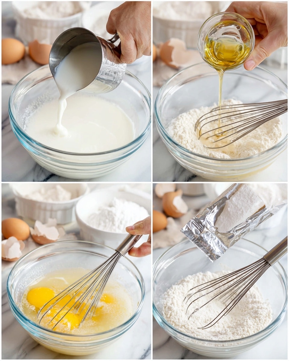 Four photos in a 2x2 grid showing steps of mixing ingredients in a clear glass bowl on a white marbled surface; top left shows a woman's hand pouring white milk from a metal cup over a silver whisk, with eggshells and bowls in the blurred background; top right has a woman's hand pouring light golden oil from a metal measuring cup onto the whisk in the bowl; bottom left shows yellow eggs and white sugar inside the bowl with the whisk resting inside; bottom right features white flour being poured from a silver package into the bowl, with the whisk still inside, all with a bright, clean look photo taken with an iphone --ar 4:5 --v 7