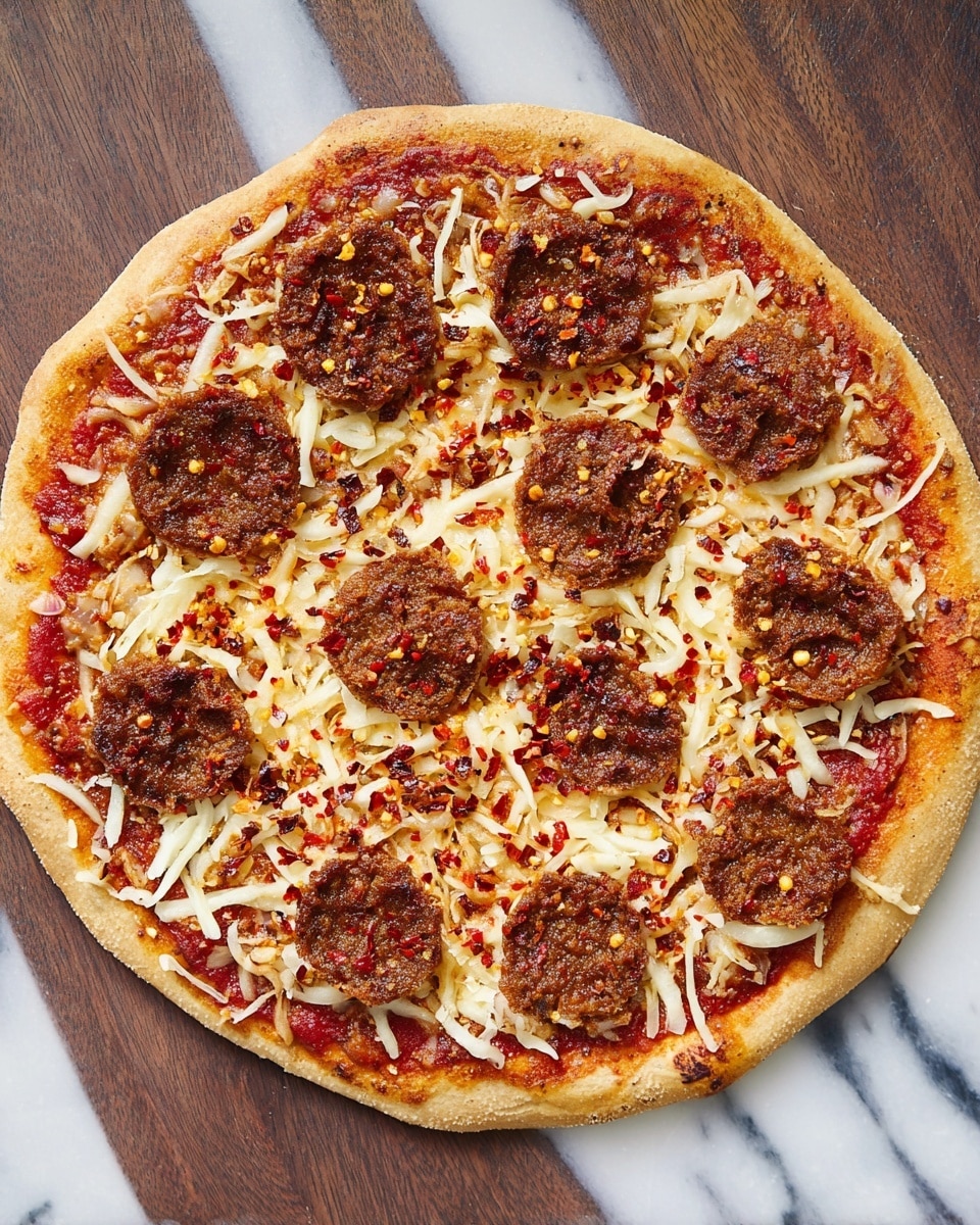 A round pizza with a slightly browned crust sits on a white marbled wooden surface. The first layer is a bright red tomato sauce spread evenly across the dough. On top of this is a mix of shredded white and yellow cheese scattered all over. Large round slices of a brown, textured meat-like topping are spread across the pizza in a circular pattern. Small red pepper flakes are sprinkled over the entire pizza, adding spots of red and texture. The pizza looks crisp on the edges with some slight dark burning marks near the crust photo taken with an iphone --ar 4:5 --v 7