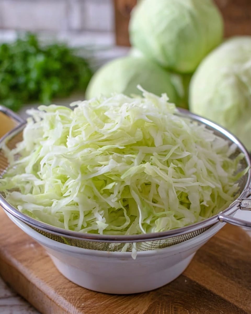 A white metal colander sits on a wooden surface with shredded light green cabbage piled high inside it; the cabbage strands are thin, moist, and slightly translucent with varied shades of pale green and white. In the blurry background, there are whole light green cabbages and some green leafy herbs, all set on a white marbled surface. The photo is softly lit, showing the fresh texture and crispness of the cabbage leaves. Photo taken with an iphone --ar 4:5 --v 7