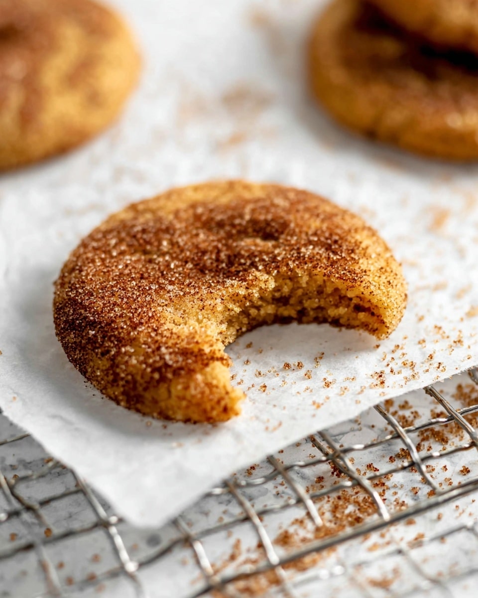 The image shows a round cookie with a bite taken out of it, resting on white parchment paper on top of a metal cooling rack. The cookie has a textured surface coated with a layer of coarse brown sugar and cinnamon crystals, creating a grainy look. The cookie itself is golden brown with a soft, crumbly inside visible at the bitten part. Scattered around the rack and parchment paper are more brown sugar and cinnamon crystals, giving a cozy baking feel. The background is a white marbled texture with blurred parts, emphasizing the cookie’s close-up details and warm colors. photo taken with an iphone --ar 4:5 --v 7