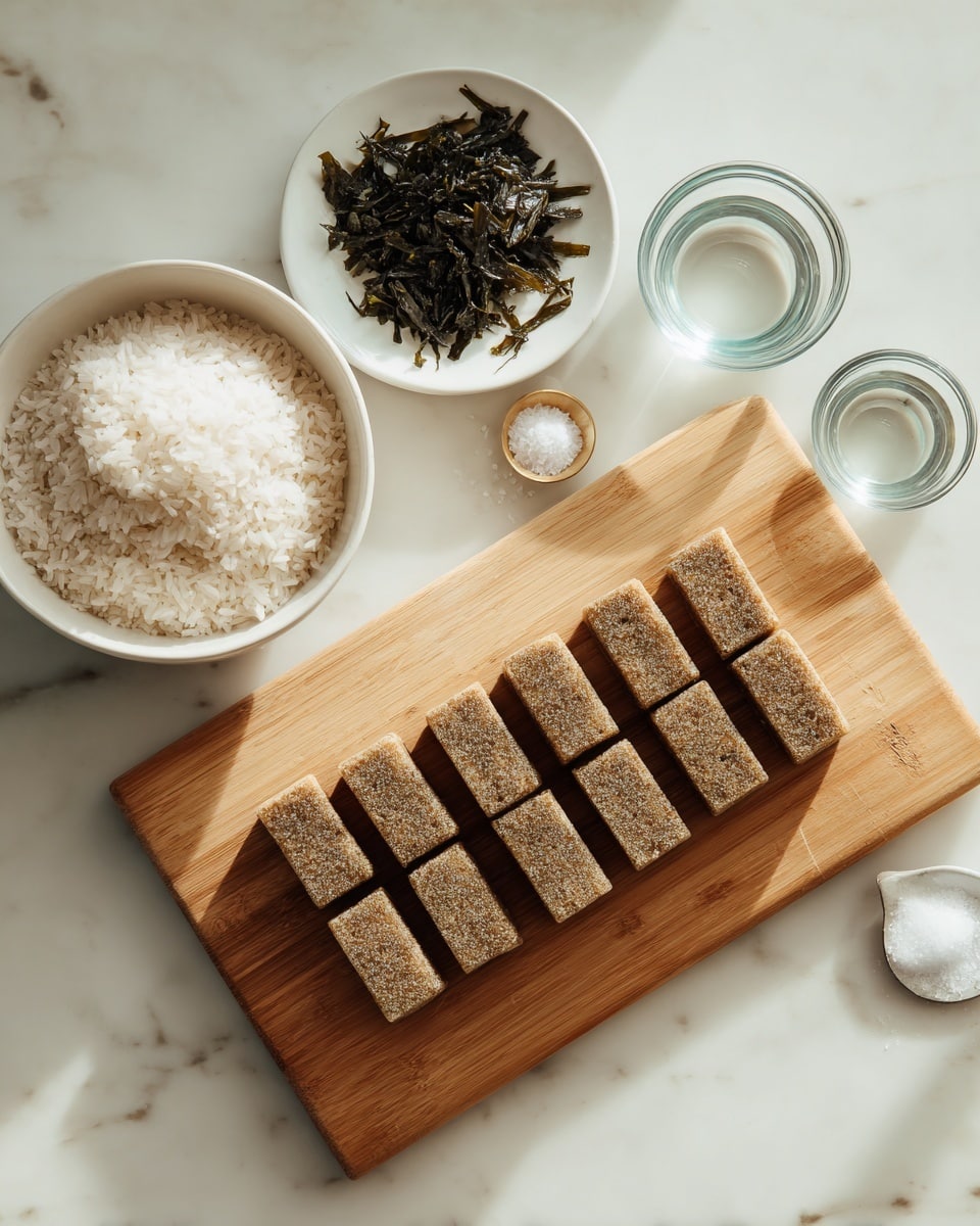 The image shows a wooden cutting board on a white marbled surface. On the cutting board, there are three rows of rectangular brown bars, each neatly arranged side by side with a slightly rough texture. To the left of the board, there is a white bowl filled with uncooked white rice. Above the bowl, a small white bowl contains dark green dried seaweed pieces. Next to the seaweed, there are two clear small glass bowls, one empty and one with a small amount of white salt. The scene is well-lit with soft natural light, giving a clean and simple look photo taken with an iphone --ar 4:5 --v 7