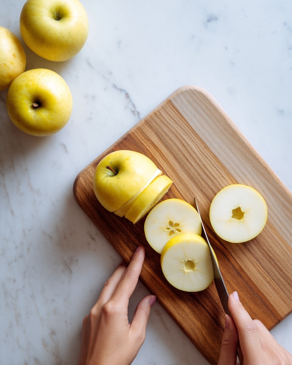 The image shows a woman's hand holding a peeled yellow apple on a wooden cutting board, while another woman's hand is slicing the apple horizontally with a knife. Two thin apple rings with visible core holes lay on the cutting board next to the apple being sliced. In the upper left corner, three whole yellow apples rest on a white marbled surface. The colors are soft and natural, highlighting the texture of the peeled apple, the smooth wood grain of the board, and the clean white marbled background. photo taken with an iphone --ar 4:5 --v 7