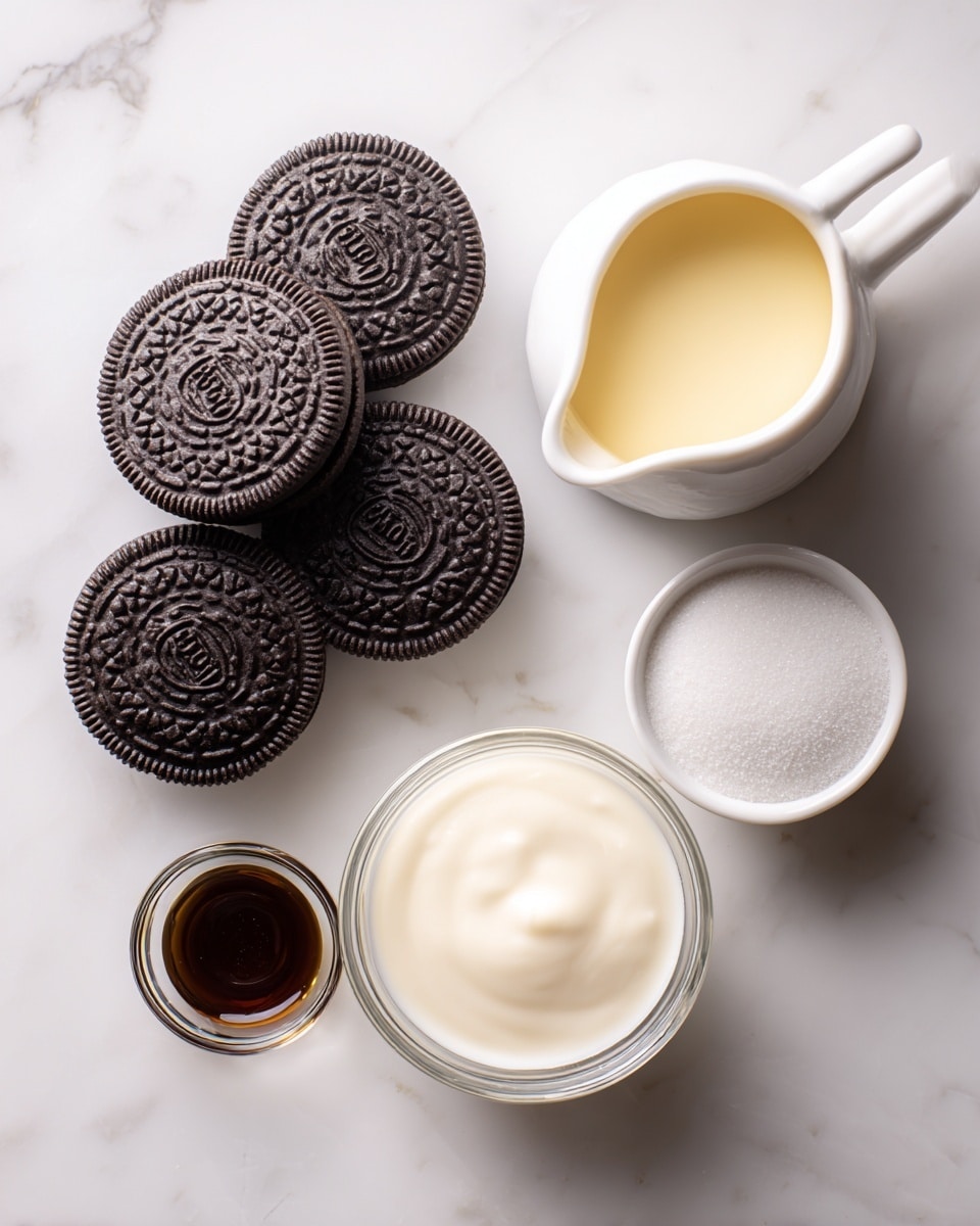 A collage of four images shows the process of making cookies and cream ice cream in a large metal bowl on a white marbled surface. The first image shows the bowl filled with white cream and yellow custard being mixed with two silver beaters. The second image displays the cream in the bowl with dark crushed cookie pieces added on one side. The third image captures the mixture being blended, showing a swirled mix of creamy white and dark cookie bits spread evenly throughout. The last image is a close-up of a large scoop of the cookies and cream ice cream, showing a creamy texture with visible dark cookie chunks in a container. Photo taken with an iphone --ar 4:5 --v 7