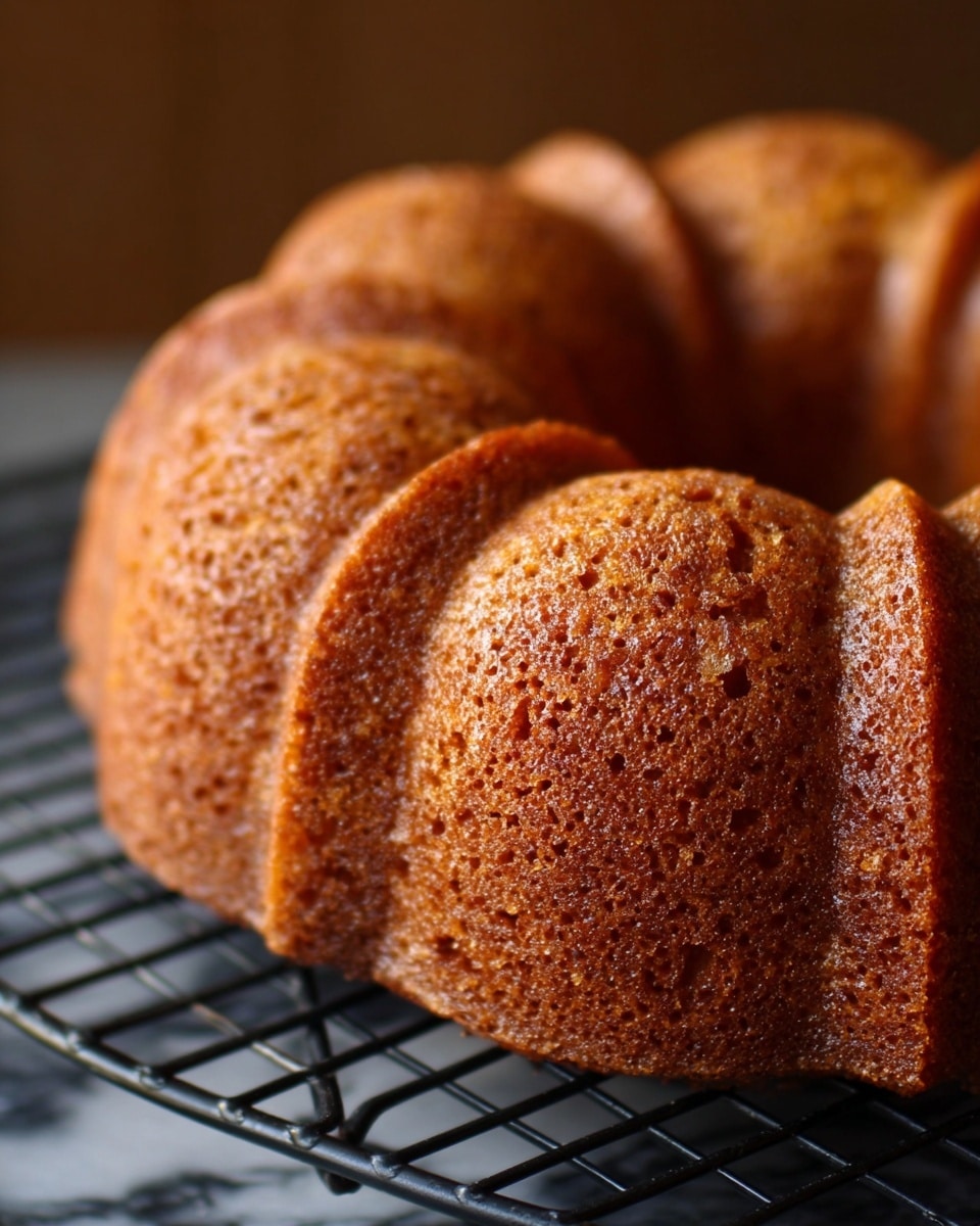 The image shows a close-up of a Bundt cake with deep ridges and a golden brown crispy outer texture. The cake's surface has a slightly rough, baked appearance with tiny air holes visible, creating a crunchy crust look. It is on a black cooling rack over a white marbled surface, with the cake forming a ring shape and the focus on the front ridge, showing its detailed, browned edges. The background is blurred out warmly, highlighting the cake's rich color and texture photo taken with an iphone --ar 4:5 --v 7