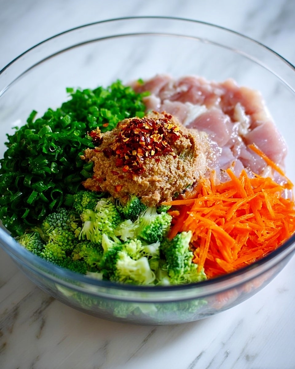 A clear glass bowl sits on a white marbled surface, filled with several distinct layers arranged around the center. The back layer shows a large portion of light pink, raw meat. Surrounding it are finely chopped green herbs at the top and chopped green onions on the left side. On the right side is shredded bright green broccoli, and in front is a small pile of shredded orange carrots. In the middle of the bowl is a thick, light brown paste topped with some red chili flakes. Photo taken with an iphone --ar 4:5 --v 7