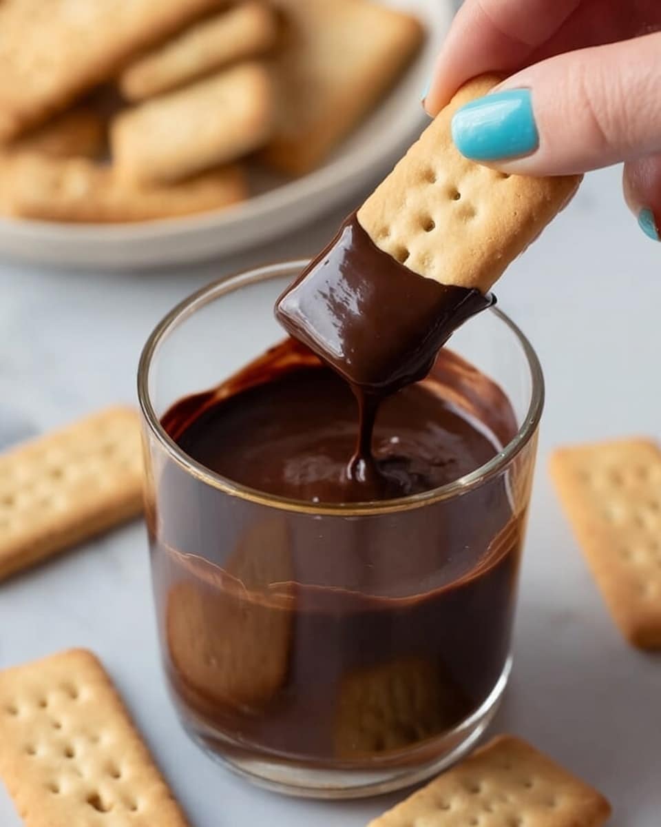 The image shows a clear glass cup filled with thick, dark chocolate at the center. A short, rectangular biscuit with small holes is dipped halfway into the chocolate, coated with smooth and shiny dark brown chocolate on the bottom half. A woman's hand with light blue nail polish holds the biscuit from the top right corner of the image. Around the glass, several plain biscuits of the same type are scattered on a white marbled surface. In the background, there is a white plate filled with similar biscuits, slightly out of focus. Photo taken with an iphone --ar 4:5 --v 7