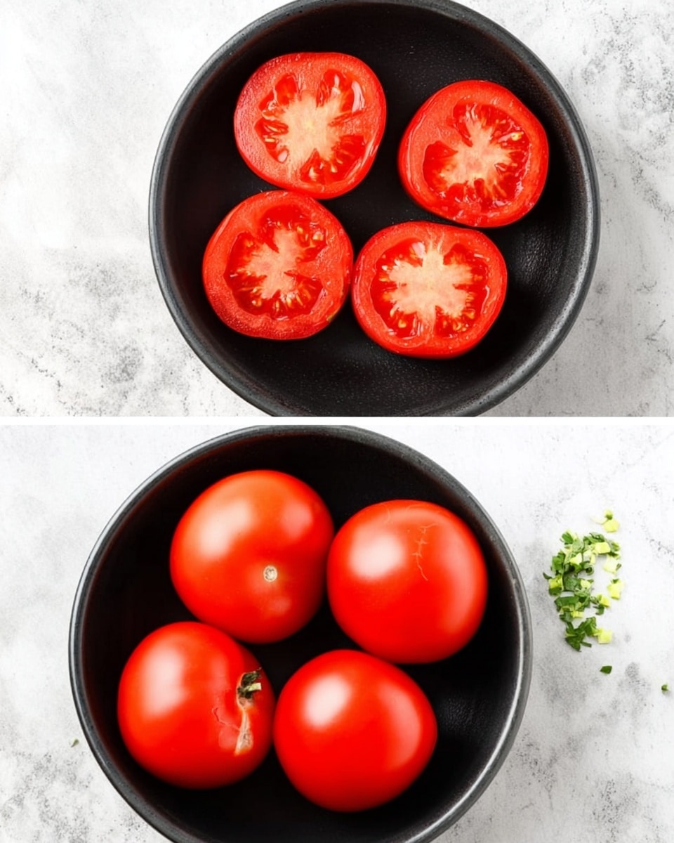 The image shows two black bowls placed on a white marbled surface. The first bowl contains six hollowed-out tomatoes, all red with smooth skin, arranged in a way that four are on the bottom and two rest on top. The second bowl is filled with six whole red tomatoes with shiny, smooth surfaces, neatly positioned to fill the bowl evenly. Both bowls have a matte black finish that contrasts with the bright red tomatoes. Small green herb pieces are scattered around the bowls on the marbled surface. photo taken with an iphone --ar 4:5 --v 7