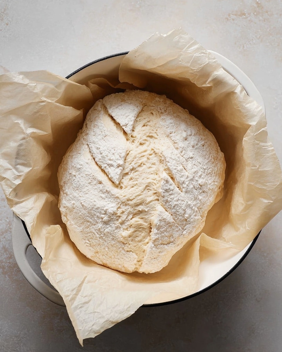 A pale dough loaf with light flour dusting sits in the center of a round white pot lined with crumpled white parchment paper; the dough has five thin slashes across the top and a soft, slightly rough texture, all resting on a white marbled surface. photo taken with an iphone --ar 4:5 --v 7