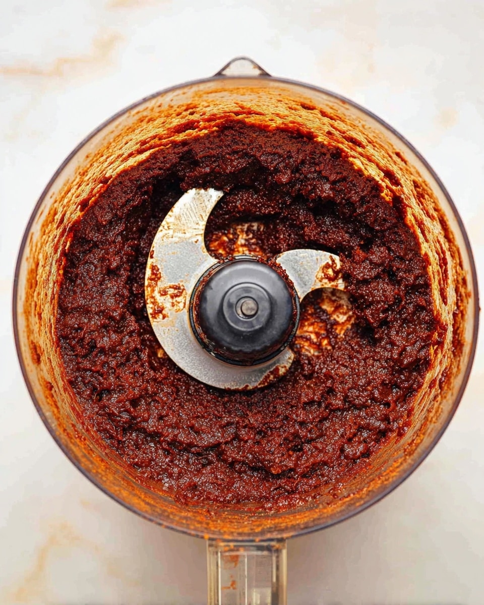 The image shows a close-up view from above of a food processor bowl filled with a thick, dark reddish-brown paste with a rough texture. The paste is spread evenly around the bowl, with some small chunks visible, suggesting it is a coarse mixture. The sharp metal blade in the center is coated partially with the paste, giving a shiny look. The food processor bowl is transparent with some orange residue on the edges. The background is a white marbled surface. photo taken with an iphone --ar 4:5 --v 7