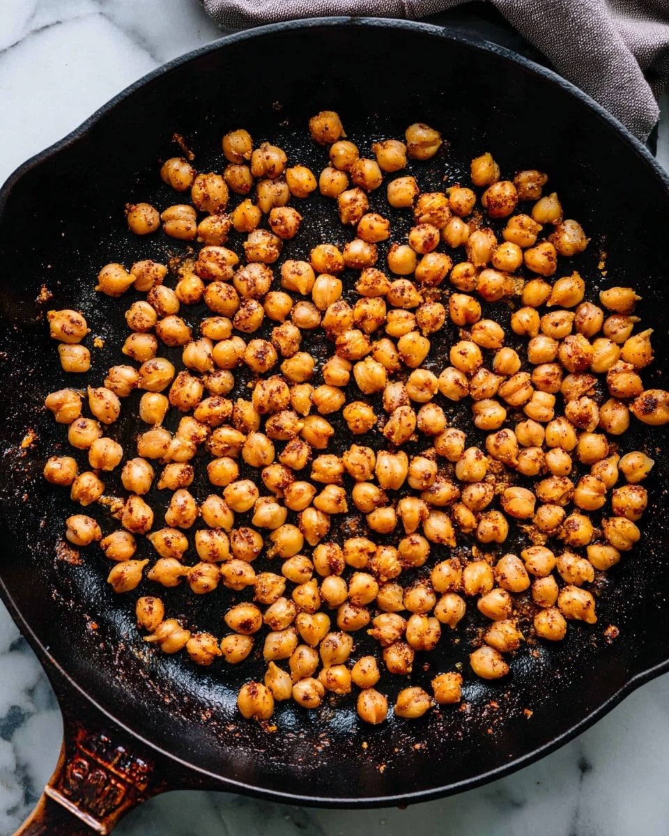 A black cast iron pan filled with one even layer of roasted chickpeas, each chickpea golden brown with darker specks of seasoning on their slightly crispy surface. The pan shows signs of use with dark wear marks and a rusty handle at the edge. The chickpeas are spread out close together but not stacked, covering almost the whole pan except for some small spots near the edges. The pan is placed on a white marbled surface with a grey cloth on the upper right corner. photo taken with an iphone --ar 4:5 --v 7