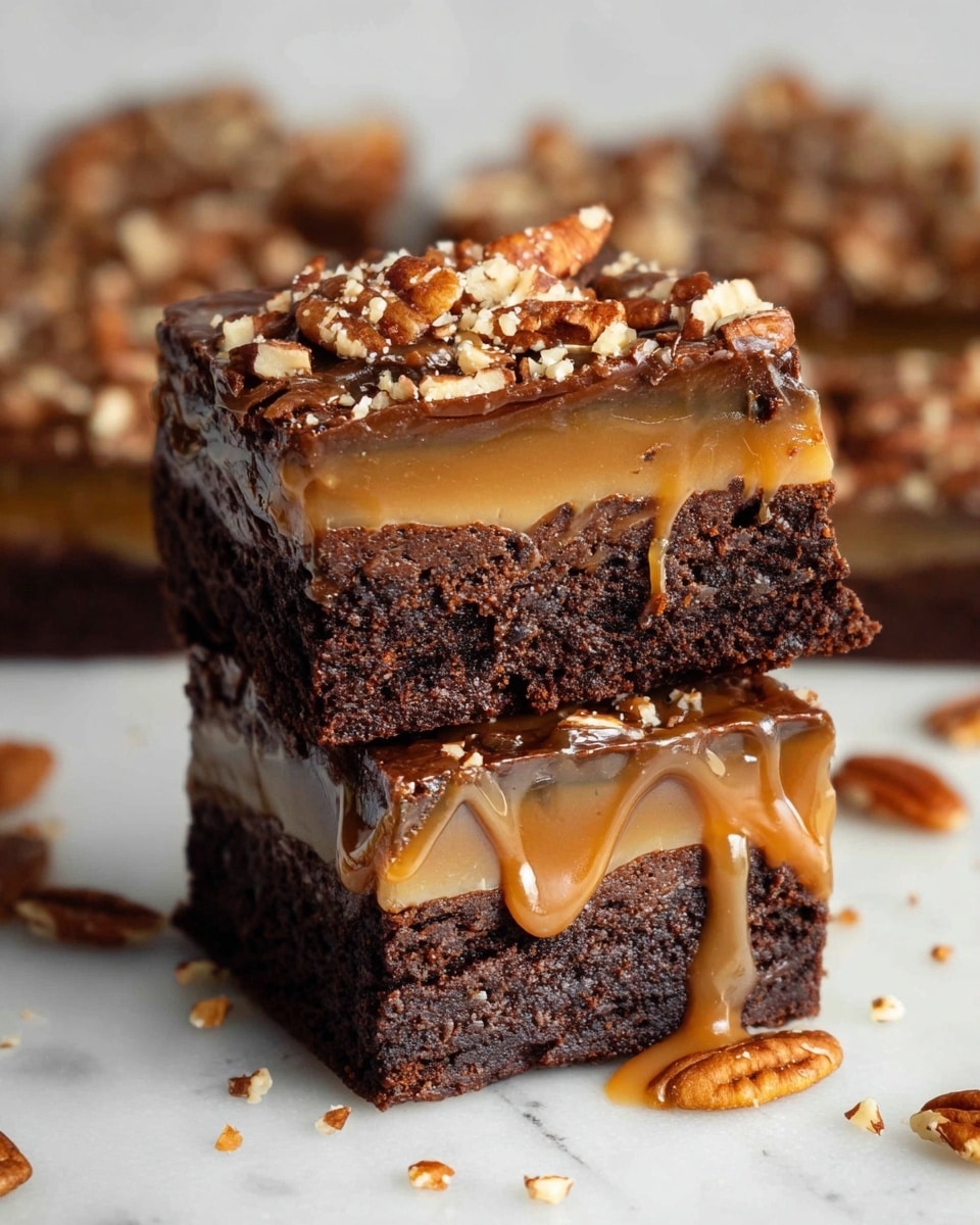 The image shows two stacked chocolate brownies with three visible layers: a dark brown dense brownie base, a middle layer of light brown caramel, and a glossy caramel layer on top that drips slightly down the sides. The top caramel is sprinkled with chopped pecans, adding a rough texture and warm brown tones. The brownies are placed on a white marbled surface with small pieces of pecans scattered around. The background is blurred but contains more brownies. photo taken with an iphone --ar 4:5 --v 7
