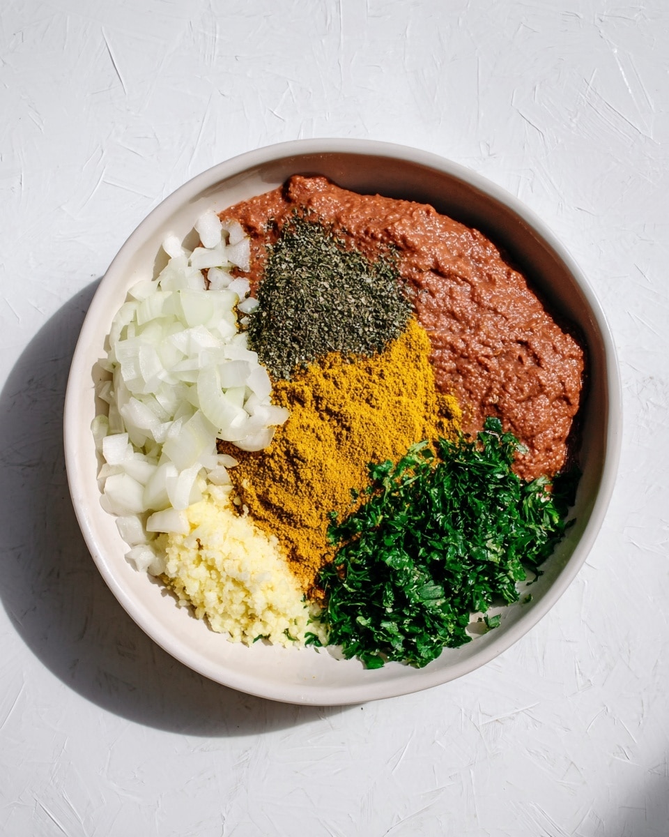 A white bowl sits on a white marbled surface, filled with several ingredient layers separated by color and texture. The largest portion is a smooth, thick, reddish-brown paste spread across the back half of the bowl. On top of this paste, near the left side, there are two small piles of coarse, dark green herbs. To the right of these herbs is a bright yellow powder, piled in a neat mound. Towards the front left of the bowl, there is a large layer of chopped white onion with a slightly translucent texture. Next to the onion, nestled between it and the yellow powder, is a small pile of minced pale yellow garlic. Lastly, near the front right side, there is a pile of finely chopped vibrant green herbs. The colors and textures are distinct and neatly arranged, making each ingredient clear. Photo taken with an iphone --ar 4:5 --v 7