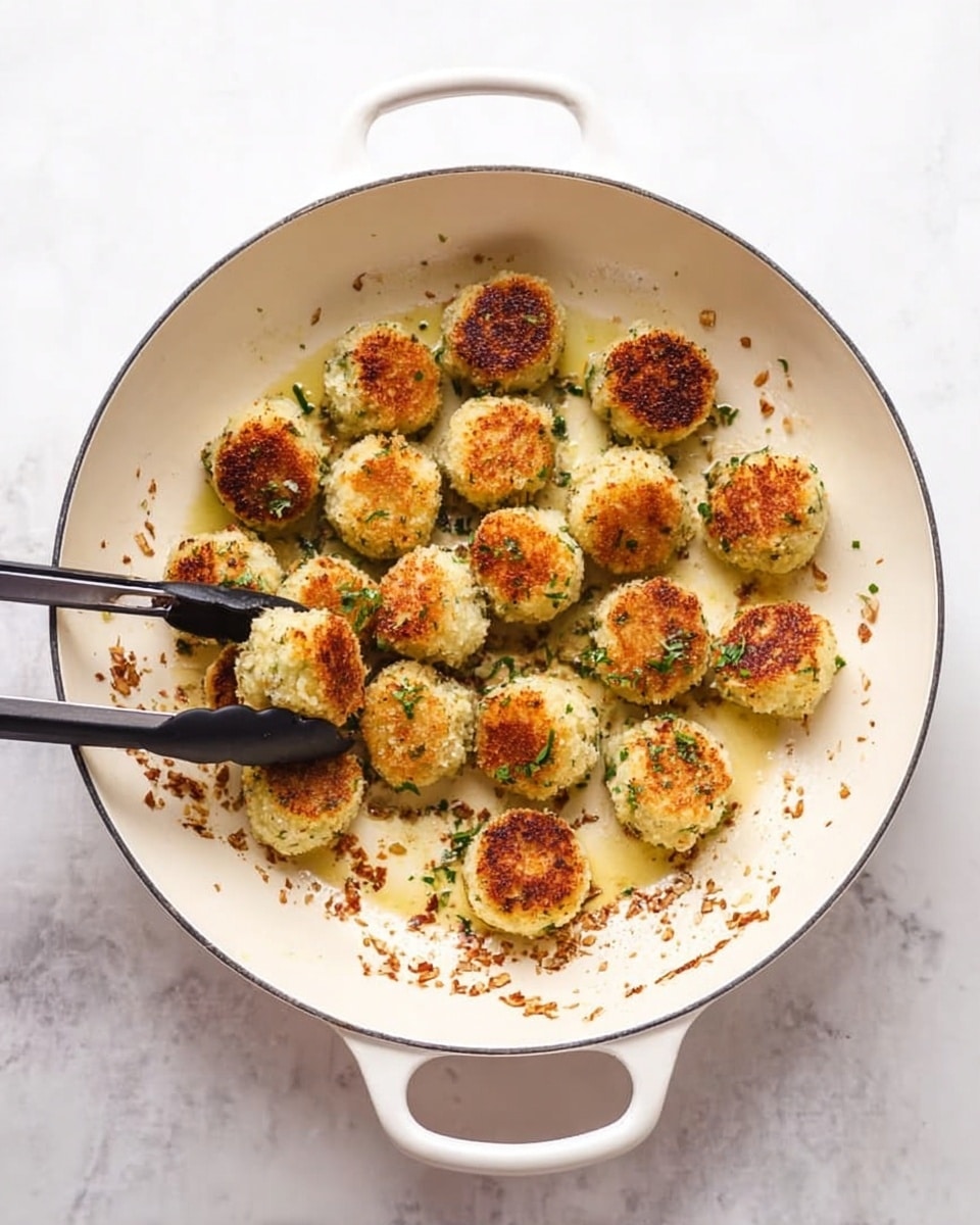 Inside a white pan with two handles, there are about twenty small round pieces that look like fried or browned balls with a golden brown crust on top, and some green herbs visible inside them. One piece is being held by black tongs from the bottom left of the pan. The pan is on a white marbled surface, and there are small browned bits scattered around the balls inside the pan. photo taken with an iphone --ar 4:5 --v 7