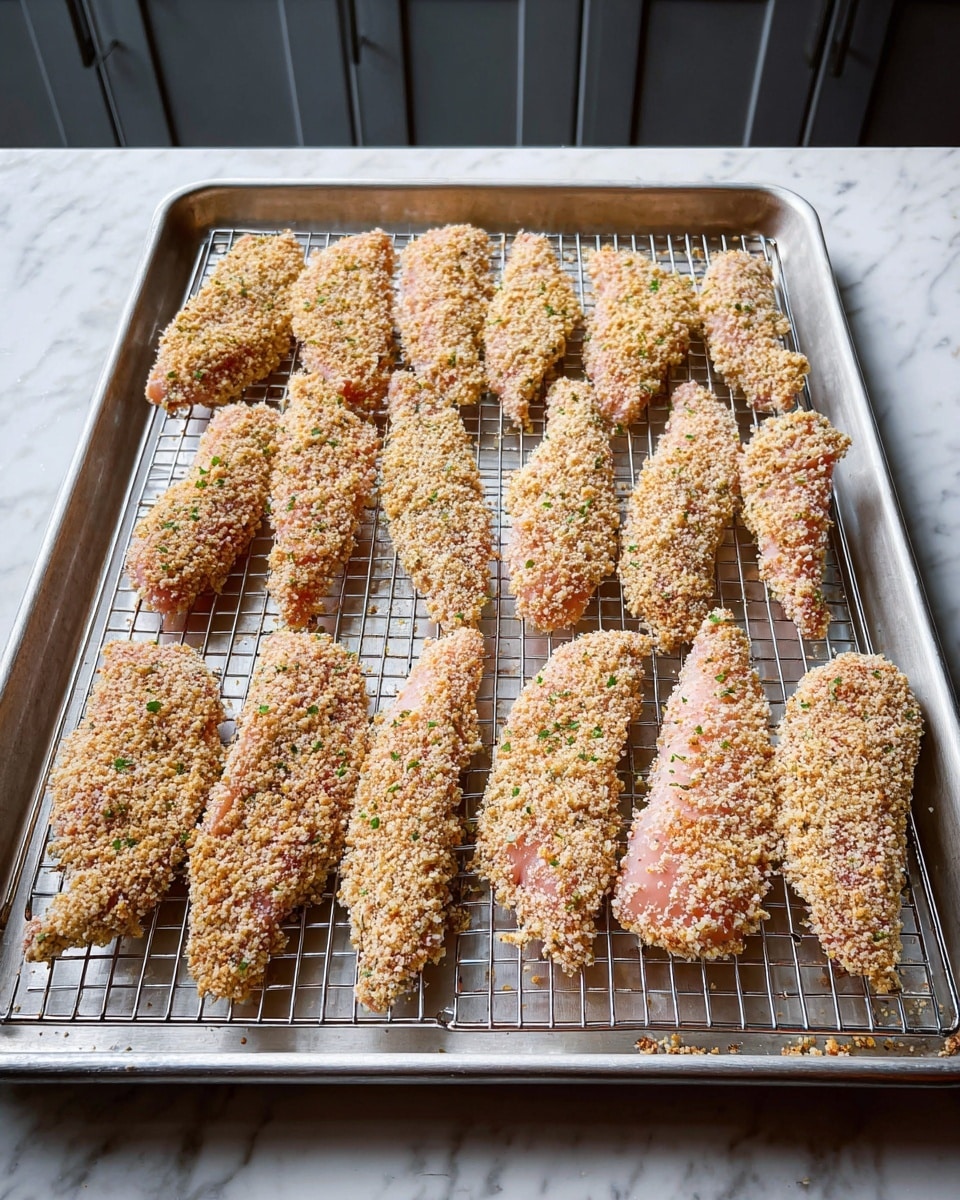 The image shows about fifteen pieces of raw chicken tenders arranged in three rows on a metal wire rack over a silver baking sheet. Each strip is fully coated with a light beige breadcrumb mix that has small green herb bits, creating a rough, crumbly texture all over the pink chicken underneath. The baking sheet is placed on a white marbled surface, and the background features gray cabinets. The lighting is soft and natural, giving a clear view of the texture and color of the coated chicken tenders. photo taken with an iphone --ar 4:5 --v 7