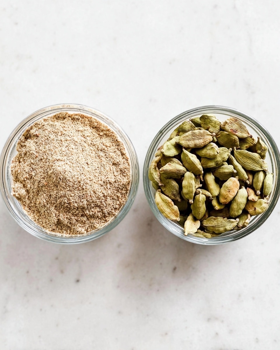 Two glass bowls sit side by side on a white marbled surface. The bowl on the left is filled to the top with a fine light brown powder that has a soft, crumbly texture. The bowl on the right contains whole cardamom pods, which are light green with slight brown spots and have a smooth, ridged surface. Both bowls are clear, round, and highlight the contrast between the powder and the whole pods. photo taken with an iphone --ar 4:5 --v 7