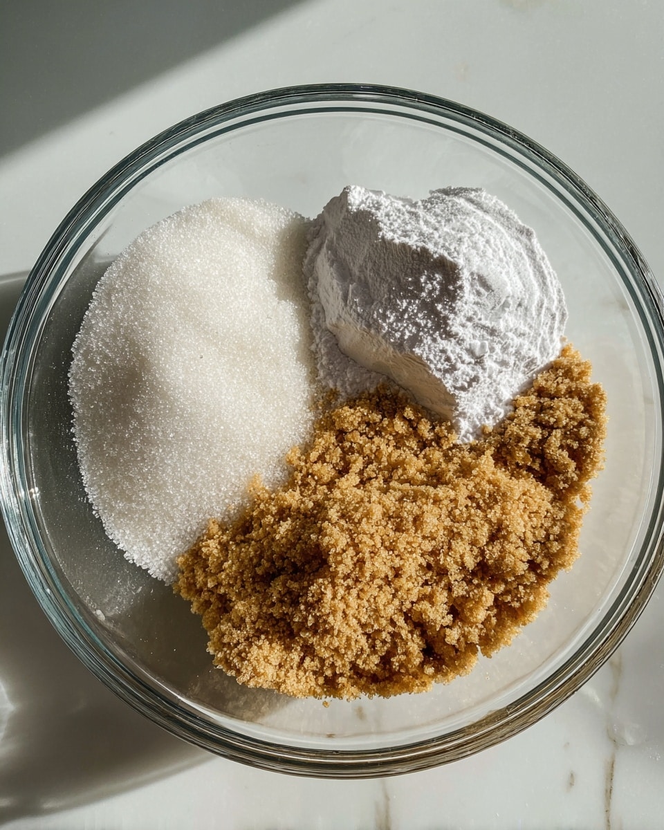 A clear glass bowl holds three different types of sugar, each arranged in separate sections, forming a visually distinct tri-color pattern. The top right section has a mound of fine white powdered sugar with a soft, powdery texture. The bottom right section features light brown sugar, coarse and crumbly with a slightly clumped texture and warm brown shades. The left section shows white granulated sugar, smooth and crystalline with tiny sparkling grains blanketing the surface. The bowl sits on a white marbled surface with soft natural light casting gentle shadows, highlighting the textures and colors of the sugars. photo taken with an iphone --ar 4:5 --v 7