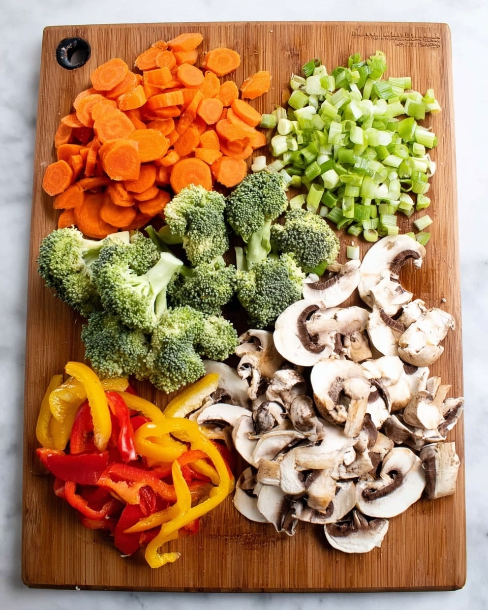 This image shows a brown cutting board on a white marbled surface with five groups of chopped vegetables arranged neatly. At the top left, there are thick light orange carrot slices forming one pile. To the right of the carrots, there is a pile of light green sliced scallions. Below the scallions, a bunch of bright green broccoli florets is clustered. In the center of the cutting board, there is a large pile of white sliced mushrooms with brown gills visible. At the bottom left, a small stack of thinly sliced red, yellow, and orange bell peppers lies next to the mushrooms. Photo taken with an iphone --ar 4:5 --v 7