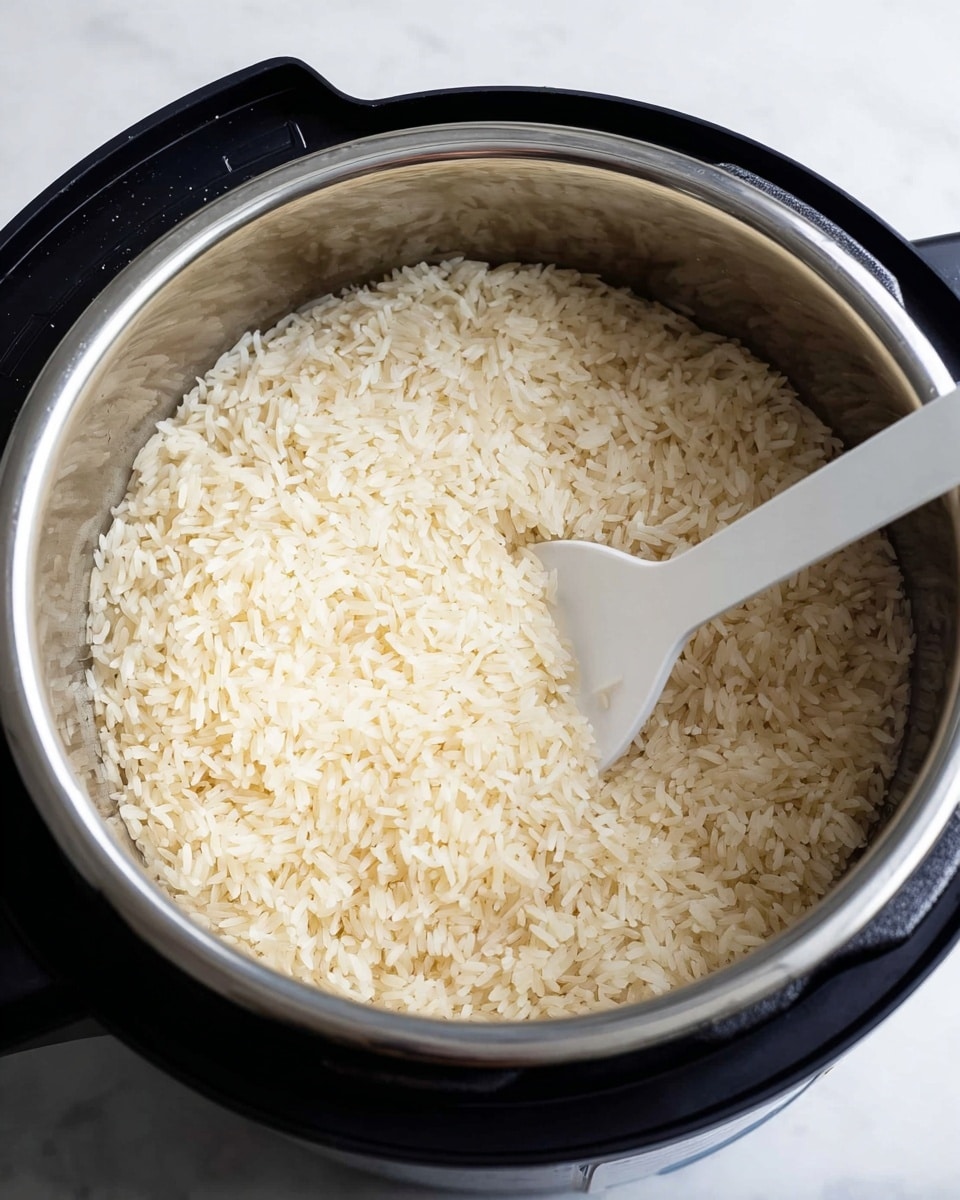 A close-up view of a silver metal pot filled with uncooked white rice grains, sitting inside a black cooker base. A white rice paddle is resting on top of the rice inside the pot, with its handle pointing upwards and slightly to the right. The rice grains are evenly spread and have a dry texture. The background is a white marbled texture. photo taken with an iphone --ar 4:5 --v 7