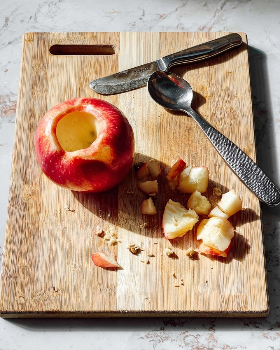 A wooden cutting board with light wood grain sits on a white marbled surface. On the board, there is a red apple with a hollowed-out center, the top part neatly removed showing a smooth yellow inside. Next to the apple, there are chunks of apple peel and core pieces with seeds scattered around. A silver knife with a textured handle and a silver spoon with some apple remnants rest diagonally on the cutting board near the apple. photo taken with an iphone --ar 4:5 --v 7