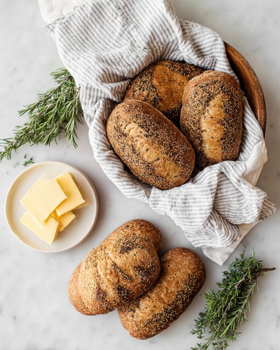 The image shows two groups of brown, crusty bread loaves with visible seeds and herbs on the crust. The first group of four loaves rests in a round wooden bowl lined with a white and gray striped cloth, with the loaves arranged neatly on top. The second group of two loaves is placed directly on a white marbled surface, surrounded by sprigs of fresh green rosemary. To the bottom left, there is a small white plate with three thick slices of pale yellow butter. The overall setting has a clean, rustic look with natural colors and textures in soft daylight. Photo taken with an iphone --ar 4:5 --v 7