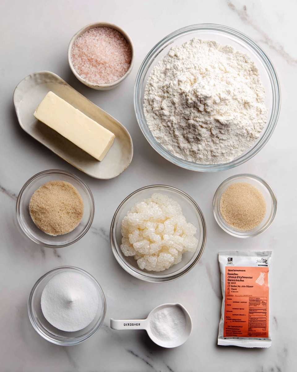 The image shows a top view of several clear glass bowls and small containers arranged neatly on a white marbled surface, each holding a different baking ingredient. On the right is a large bowl filled with white bread flour, next to it is a small bowl with pinkish salt, and nearby is a stick of butter with measurement marks visible. Below is a bowl with light tan brown sugar and another with bubbly sourdough discard that looks creamy and frothy. A white measuring spoon holds white baking soda, and a small clear bowl contains white water. In the lower right corner, a white measuring cup has beige instant yeast, and an orange and white package labeled pretzel sea salt sits beside it. Each ingredient is clearly separated and labeled. Photo taken with an iphone --ar 4:5 --v 7