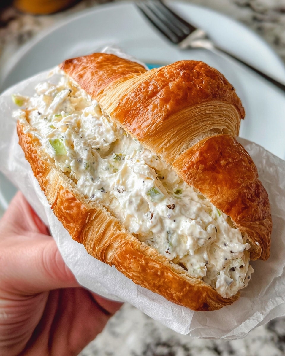 A flaky golden brown croissant is sliced open horizontally in the middle, filled generously with a thick layer of creamy, white egg salad mixed with small green bits and black pepper specks. A woman's hand holds the croissant wrapped in a white paper towel, with a silver fork visible in the background. The whole scene is set on a white marbled surface. photo taken with an iphone --ar 4:5 --v 7