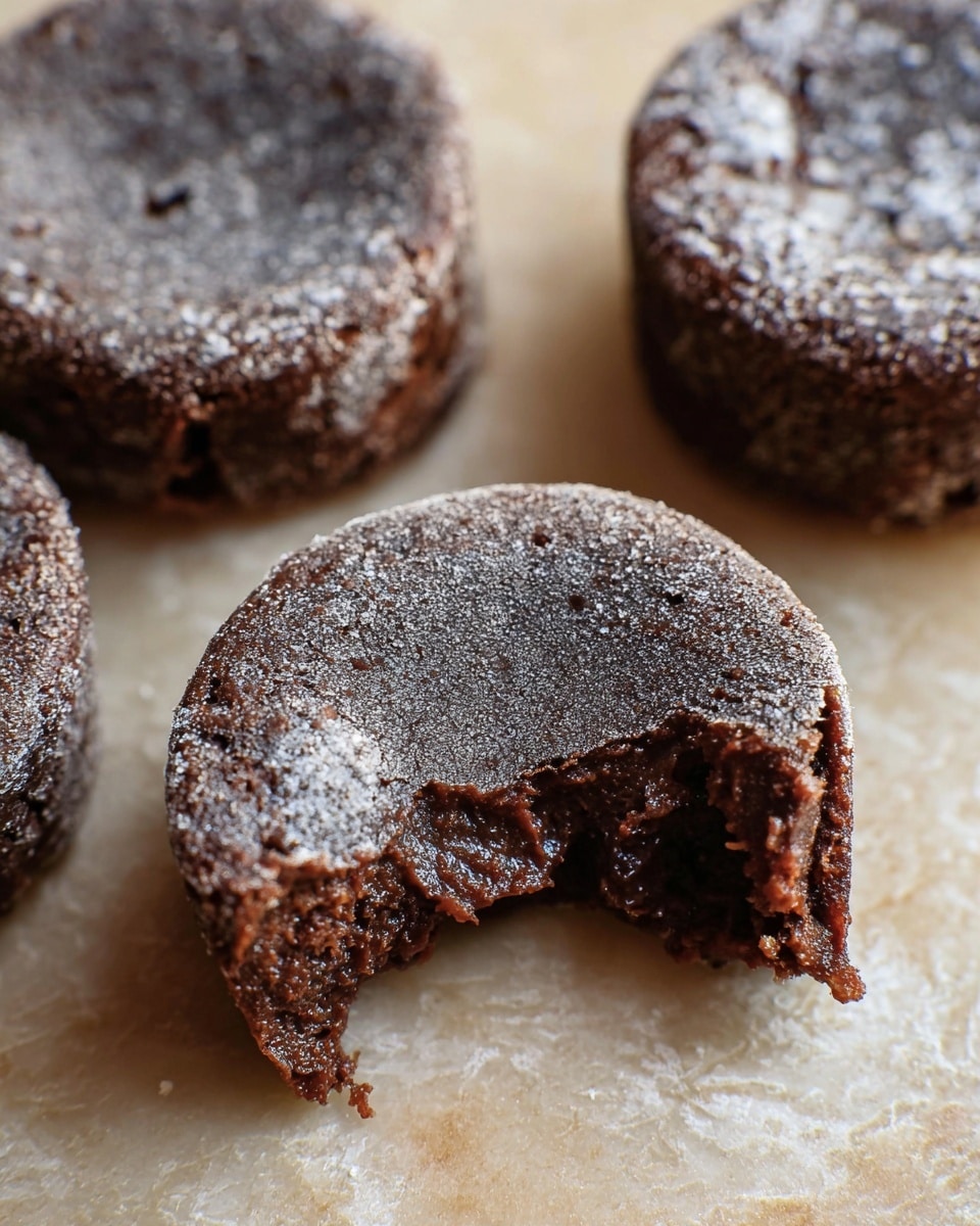 The image shows three small round chocolate cakes on a light beige surface with a white marbled texture. Each cake has a rough and slightly cracked top covered with a light layer of powdery white sugar, giving a frosted look. The cakes have a dense, moist texture with slightly uneven edges from baking. One cake in the foreground has a small bite taken out of it, revealing a rich dark brown inside with a slightly crumbly texture. The cakes are close together, showing their different angles and textures. photo taken with an iphone --ar 4:5 --v 7