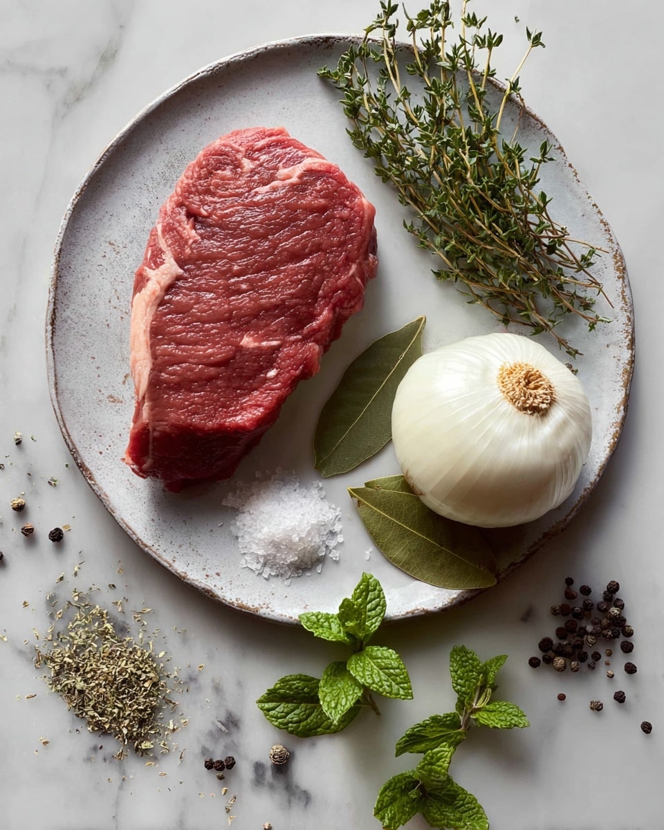 A single raw red beef steak with light marbling lies on the left side of a round white plate with a rough edge; next to it on the right is a whole peeled white onion cut in half vertically, and a whole white garlic bulb with a rough surface. Below the garlic, a small pile of coarse white salt is visible, and to the left of the salt are three green bay leaves. Around the plate on a white marbled surface are scattered whole black peppercorns, small piles of dried oregano and thyme, and fresh green sprigs of oregano, mint, and thyme arranged loosely in a semi-circle. Photo taken with an iphone --ar 4:5 --v 7