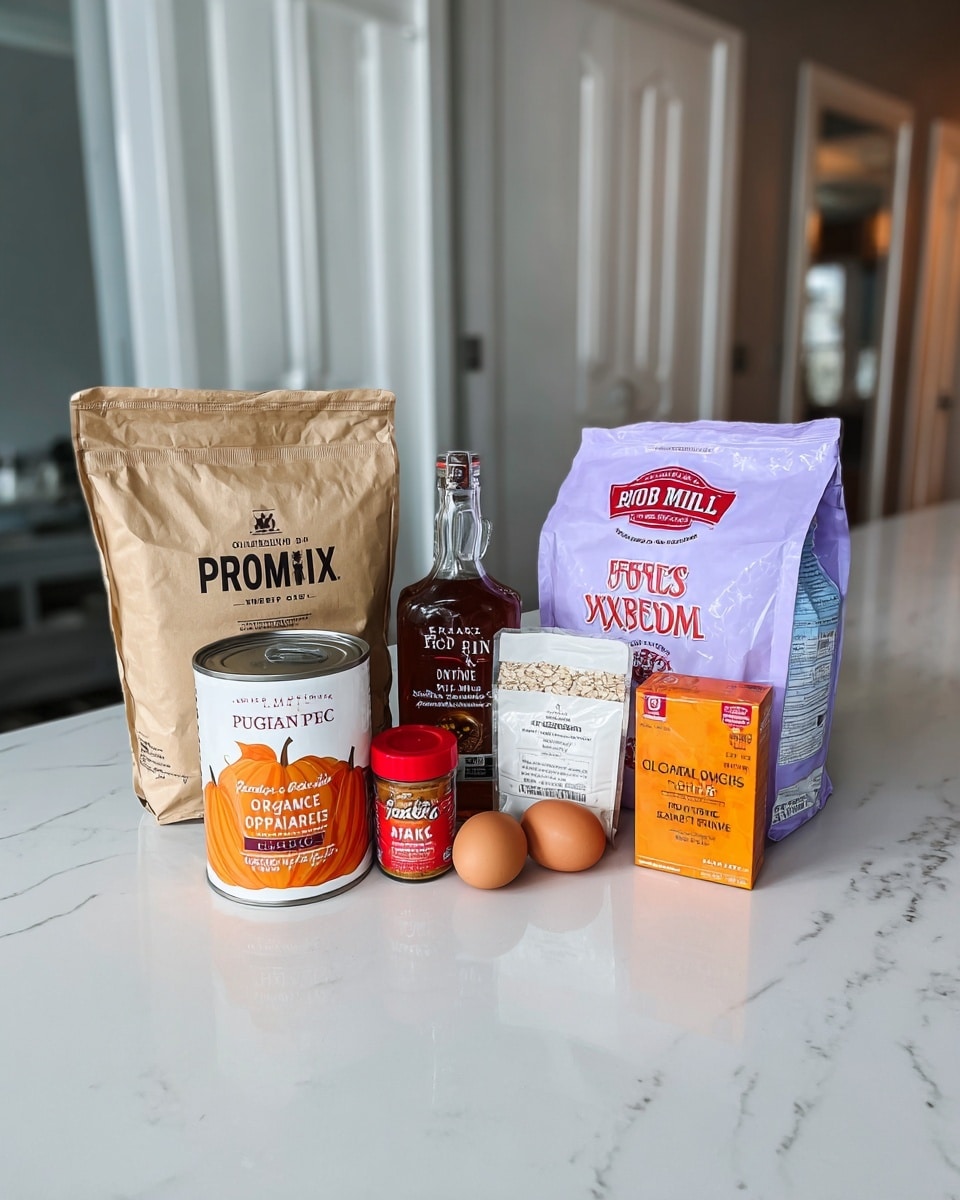 The image shows a collection of baking ingredients arranged on a white marbled surface. From left to right, there is a large tan bag labeled