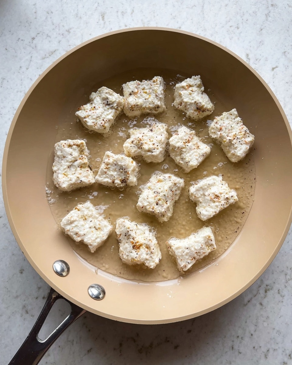 The image shows a beige frying pan on a white marbled surface, filled with clear hot oil. Inside the pan, there are twelve uneven, white tofu pieces with some black and orange specks, frying in the oil. The tofu pieces have a bumpy texture and are spread out evenly across the pan. The pan has two silver rivets visible on the handle side, above the stovetop. Photo taken with an iphone --ar 4:5 --v 7