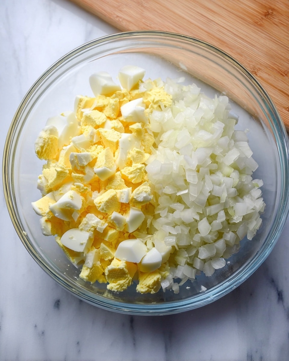 A clear glass bowl sits on a white marbled surface, and inside the bowl are two main layers of chopped ingredients. On the left side of the bowl, there are pieces of chopped hard-boiled eggs with soft yellow yolks and white edges, while on the right side, there are finely chopped white onions. The textures are crumbly for the eggs and slightly glossy and small for the onions. The bowl is round and transparent, showing the ingredients clearly. Photo taken with an iphone --ar 4:5 --v 7