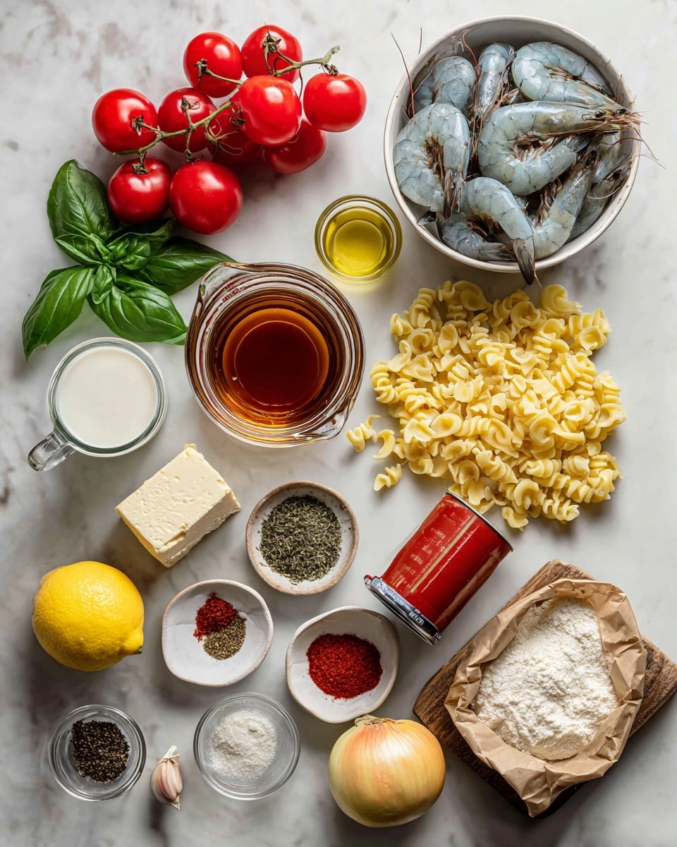 The image shows ingredients neatly arranged on a wooden board, including bright red cherry tomatoes grouped in the top left, fresh dark green Italian basil leaves just right of the tomatoes, and a white bowl filled with gray and white black tiger prawns at the top right. Below the tomatoes is a clear measuring cup holding amber dry rosé wine, and beside it in the center is a pile of pale yellow twisted pasta pieces. A red tube of tomato paste stands vertically to the right of the pasta, next to a clear measuring cup filled with whole milk and a silver and white box of unsalted butter. Below the rosé wine is a whole yellow onion, and beneath it to the left is a small white bowl with four piles of spices: pink kosher salt, black pepper, red crushed flakes, and orange cayenne powder. Scattered around the onion and spices are two garlic cloves, a small glass bowl of finely shredded white Parmigiano Reggiano cheese, a bright yellow lemon, a small glass bowl of extra virgin olive oil, a tiny glass bowl with dried herbs, another small glass bowl with white all-purpose flour, and a jar of Calabrian chili pepper paste wrapped with brown paper on the bottom right. The background is a white marbled surface photo taken with an iphone --ar 4:5 --v 7