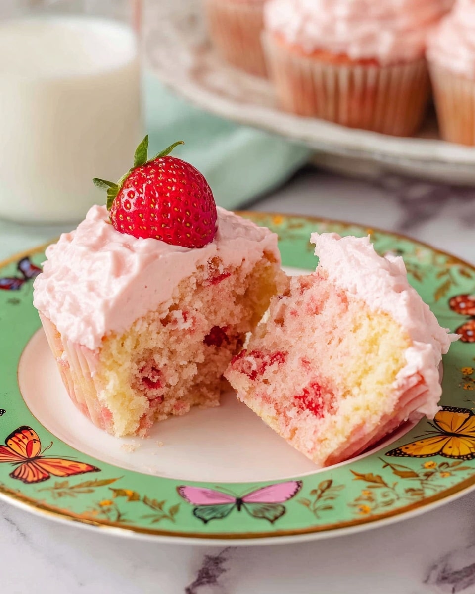 A pink cupcake is split in half on a white plate with a green and gold rim decorated with colorful butterflies. The cupcake has a light pink base with small red pieces inside, showing a soft texture. On top of the cupcake is a thick layer of light pink frosting with a fluffy texture, decorated with a small fresh red strawberry placed near the frosting. In the background, there is a glass of milk and more cupcakes on a white marbled surface. photo taken with an iphone --ar 4:5 --v 7