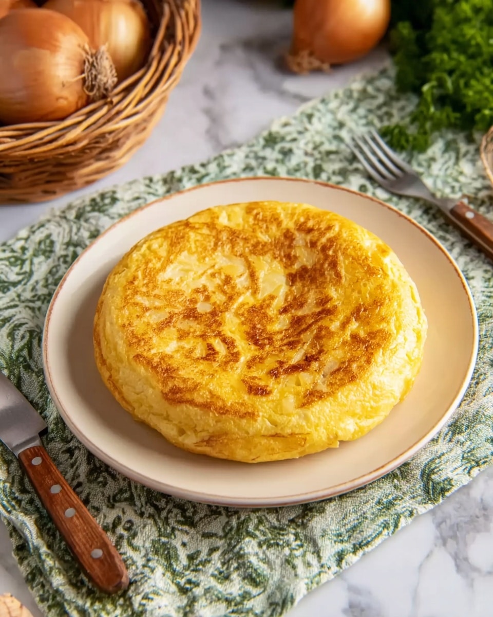A round, golden-yellow Spanish omelette with a slightly browned top sits in the center of a white plate. The surface looks soft and a bit textured with visible pieces of potato within the thick, solid omelette layer. The plate rests on a green and white patterned cloth over a white marbled surface. To the right side of the plate are a fork and knife with wooden handles. In the background to the left, there is a wicker basket with whole onions, and some green parsley is slightly visible to the upper right. The setting appears warm and homey. photo taken with an iphone --ar 4:5 --v 7