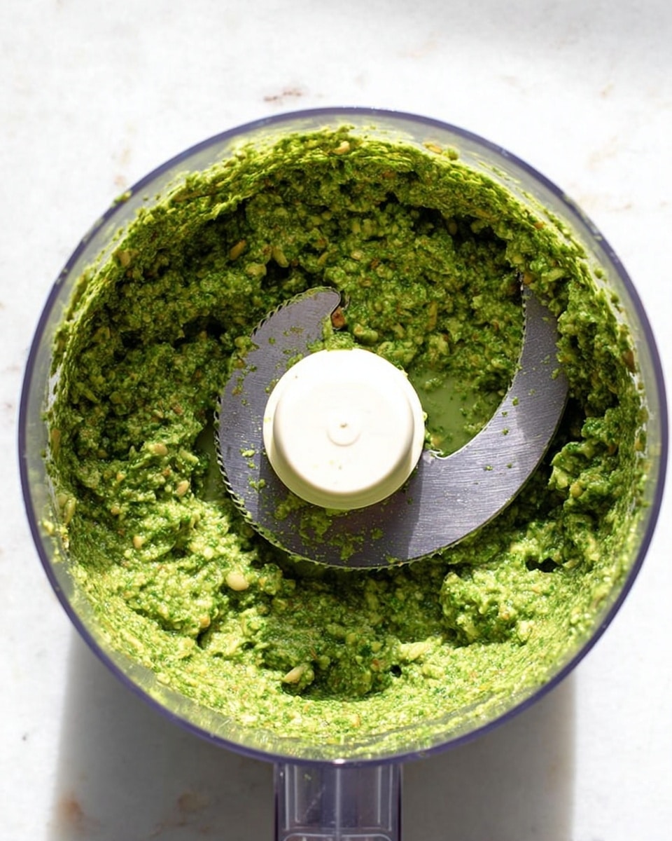 A close-up view inside a clear plastic food processor bowl shows a thick, textured green pesto sauce filling the bottom and sticking slightly to the sides. The pesto is chunky with small bits of nuts and herbs visible throughout its bright green color. In the center, the white plastic part of the blade attachment rises above the pesto, with the sharp metal blade curving around it, coated partly with the sauce. The bowl sits on a white marbled surface with soft natural light shining directly onto the pesto, highlighting its fresh and slightly oily texture. photo taken with an iphone --ar 4:5 --v 7
