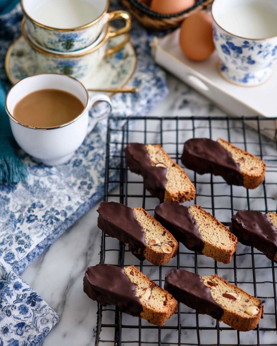 The image shows seven biscotti cookies on a black cooling rack placed on a white marbled surface. Each biscotti has a light brown base with visible nut pieces and is partially dipped in dark chocolate on one end, creating a smooth, shiny dark brown layer that covers about one-third of each cookie. To the left, there is a white cup filled with light brown coffee, sitting on a blue and white patterned cloth. In the background, a small white tray holds a gold cup filled with white milk and a white cup with blue floral patterns that also contains milk. Behind, there is a wire basket with a couple of eggs. photo taken with an iphone --ar 4:5 --v 7