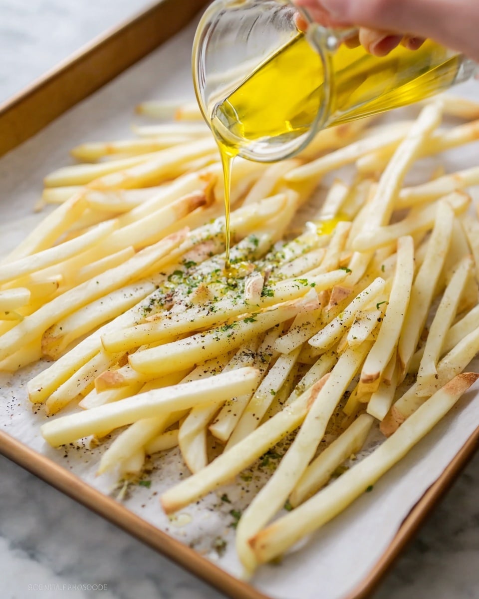 Long thin pale yellow potato sticks with some skin left on the edges are spread in layers on white parchment paper inside a metal tray. A woman's hand is pouring golden olive oil over the top middle of the potato sticks. There are small sprinkles of green herbs and black pepper on the potato sticks, adding texture and color contrast. The whole tray is on a white marbled surface. photo taken with an iphone --ar 4:5 --v 7