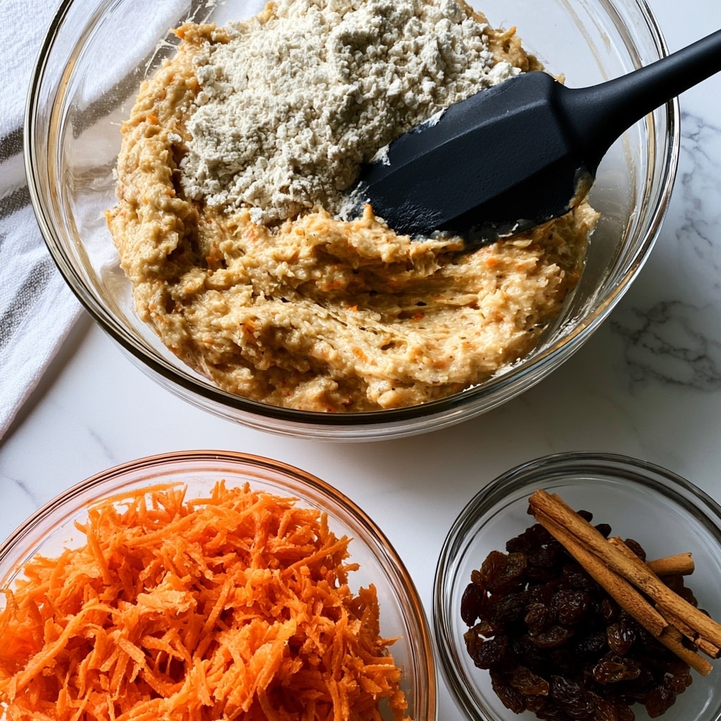 A close-up image shows a clear glass bowl filled with a light brown, thick batter that has some white flour still visible on top. A black spatula rests inside, partially mixing the batter. Below the bowl is another clear glass bowl filled with bright orange shredded carrots. To the right, a smaller clear bowl contains dark brown raisins and a few cinnamon sticks. The items sit on a white marbled surface with part of a white and gray striped cloth visible on the left side. Photo taken with an iphone --ar 4:5 --v 7