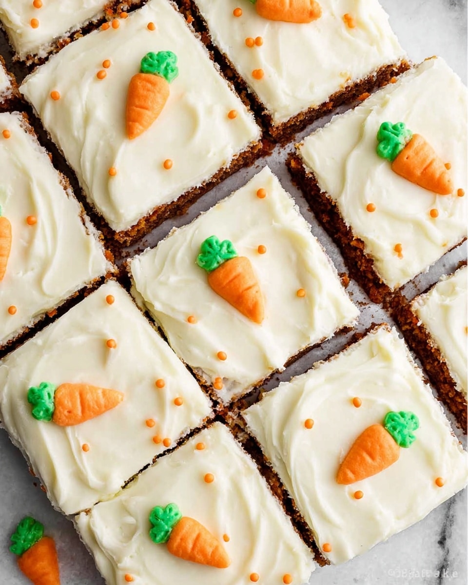 The image shows a tray of square carrot cake slices topped with a thick layer of creamy white frosting. Each square has a small, bright orange carrot decoration made of icing with green leaves placed near one corner. The frosting is smooth but has gentle swirls and soft peaks, and there are tiny orange dot sprinkles scattered randomly across the surface. The tray sits on a white marbled surface, and the edges of the moist, brown carrot cake are visible where the frosting does not cover completely. photo taken with an iphone --ar 4:5 --v 7
