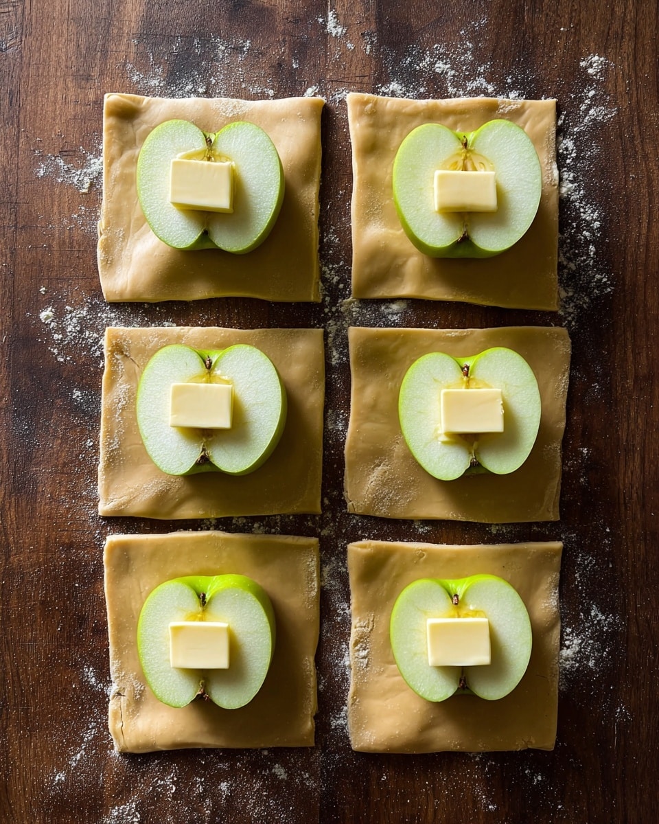 The image shows six square pieces of light brown dough placed on a dark wooden surface with some scattered flour. Each square holds a green apple half with its cut side up, and a small rectangular stick of light yellow butter is placed inside the hollowed center of each apple half. The dough squares are arranged in two rows of three, evenly spaced. The edges of the dough are slightly uneven, and the wooden surface beneath has a rich texture. photo taken with an iphone --ar 4:5 --v 7
